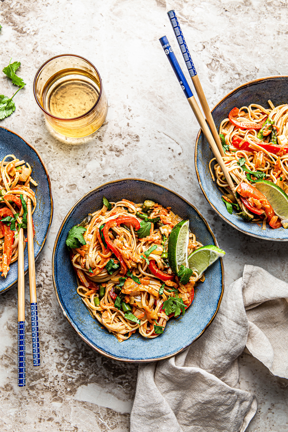 red thai curry noodles with vegetables food photography