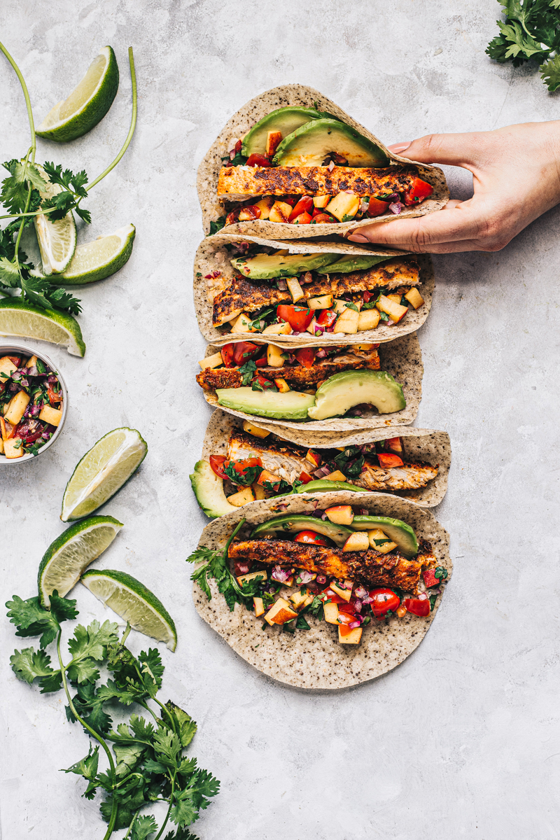 fish tacos photography with peach salsa
