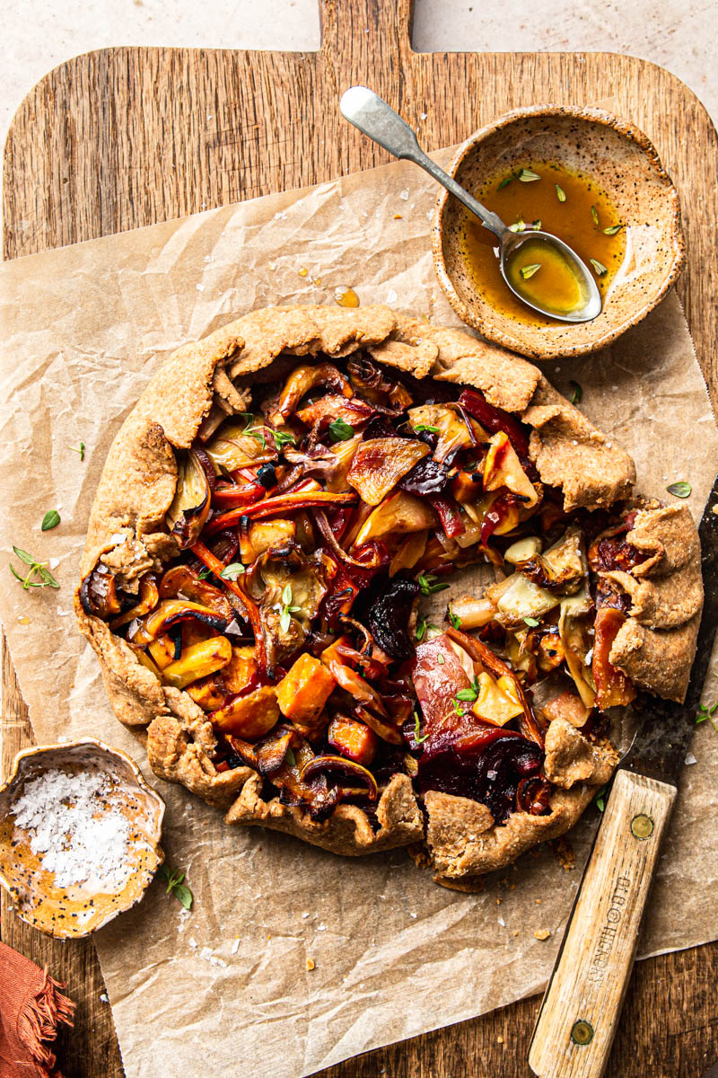 sliced galette with roasted vegetables food styling
