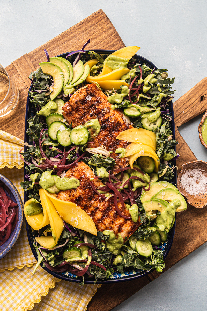 Blackened Mahi Mahi Salad with Avocado Cilantro Dressing natteats