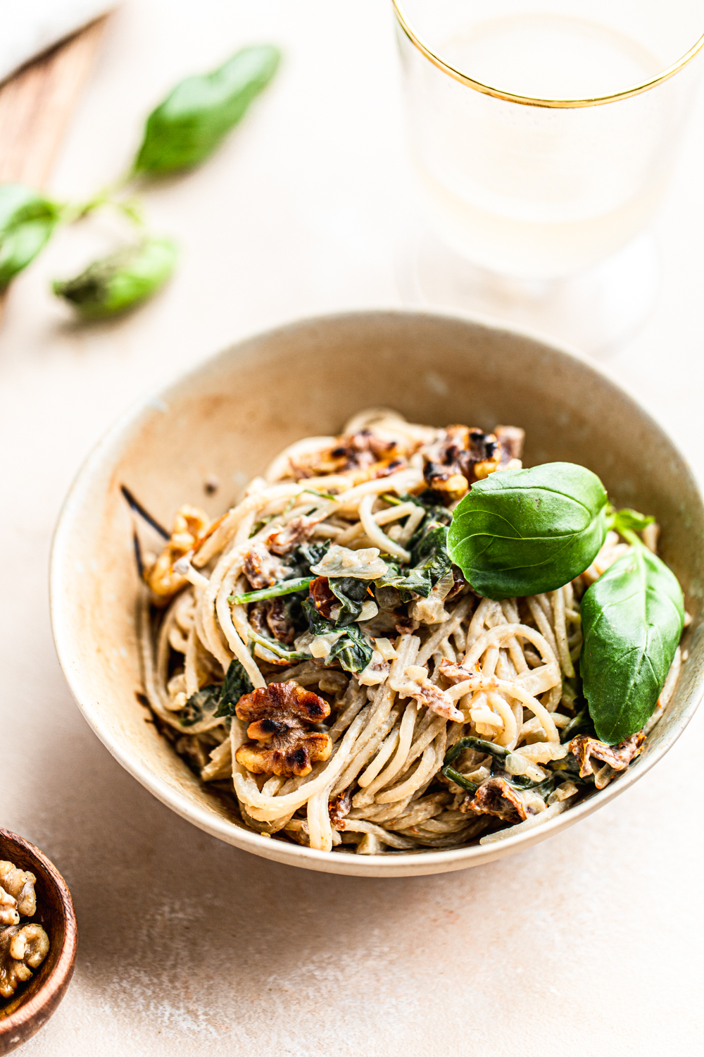 spaghetti in a bowl  with Gorgonzola and Walnuts (gluten-free) photography