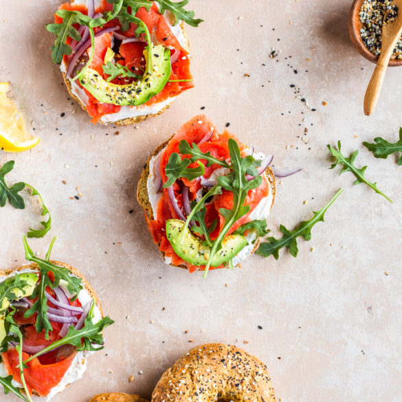 Healthy Homemade Bagels with Almond Cream Cheese, Smoked Salmon, Avocado and Arugula