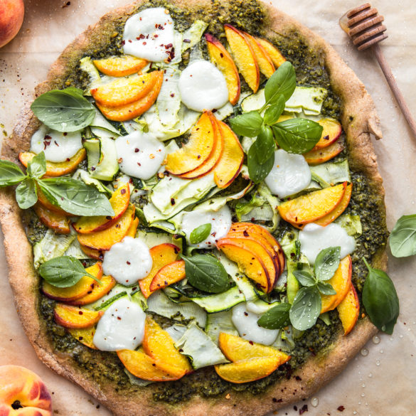 pizza with pesto, peaches, zucchini and drizzle of honey photography