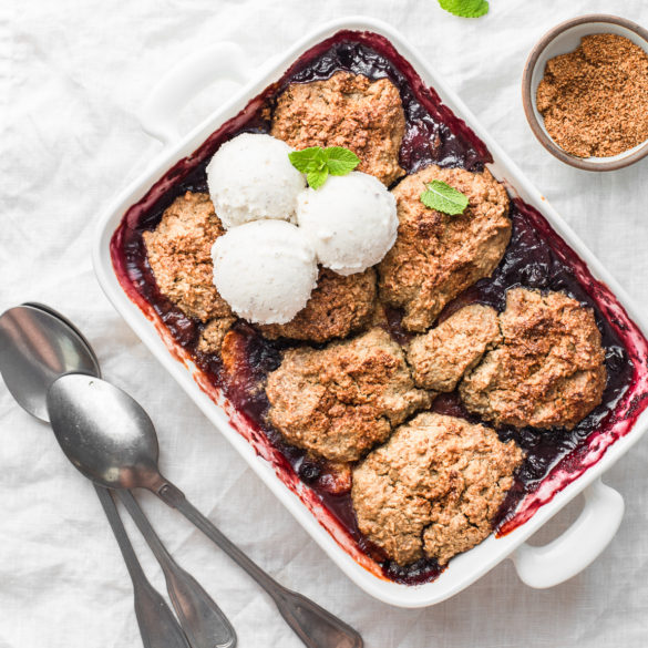 oatmeal peach blueberry cobbler with ice cream