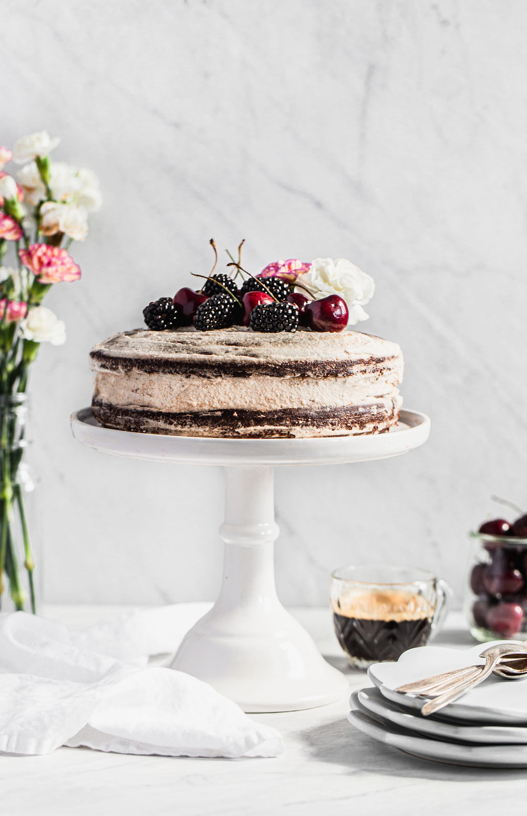 Vegan Chocolate Cake with Cherries and Cashew Frosting