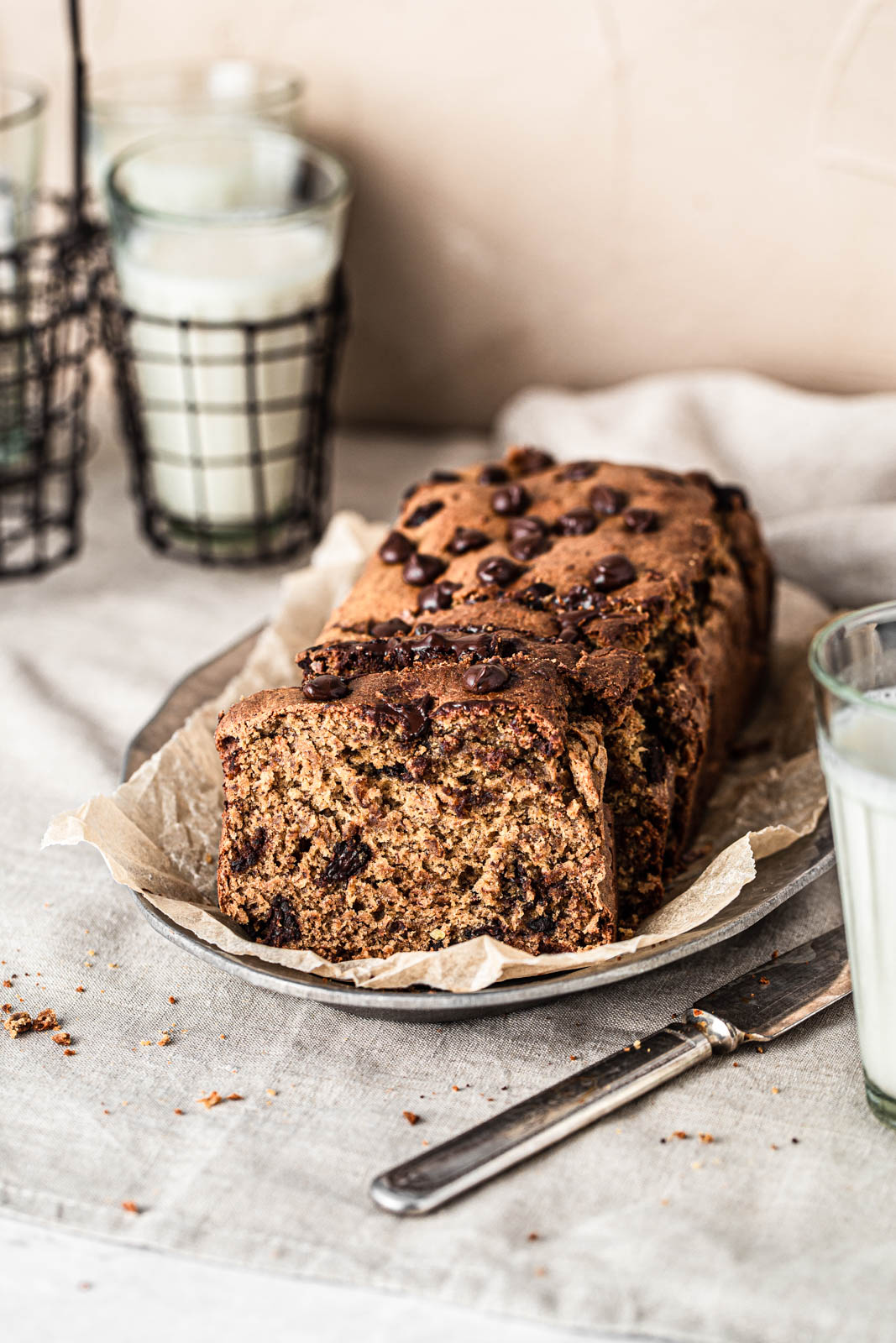 vegan banana bread with chocolate chips food photography