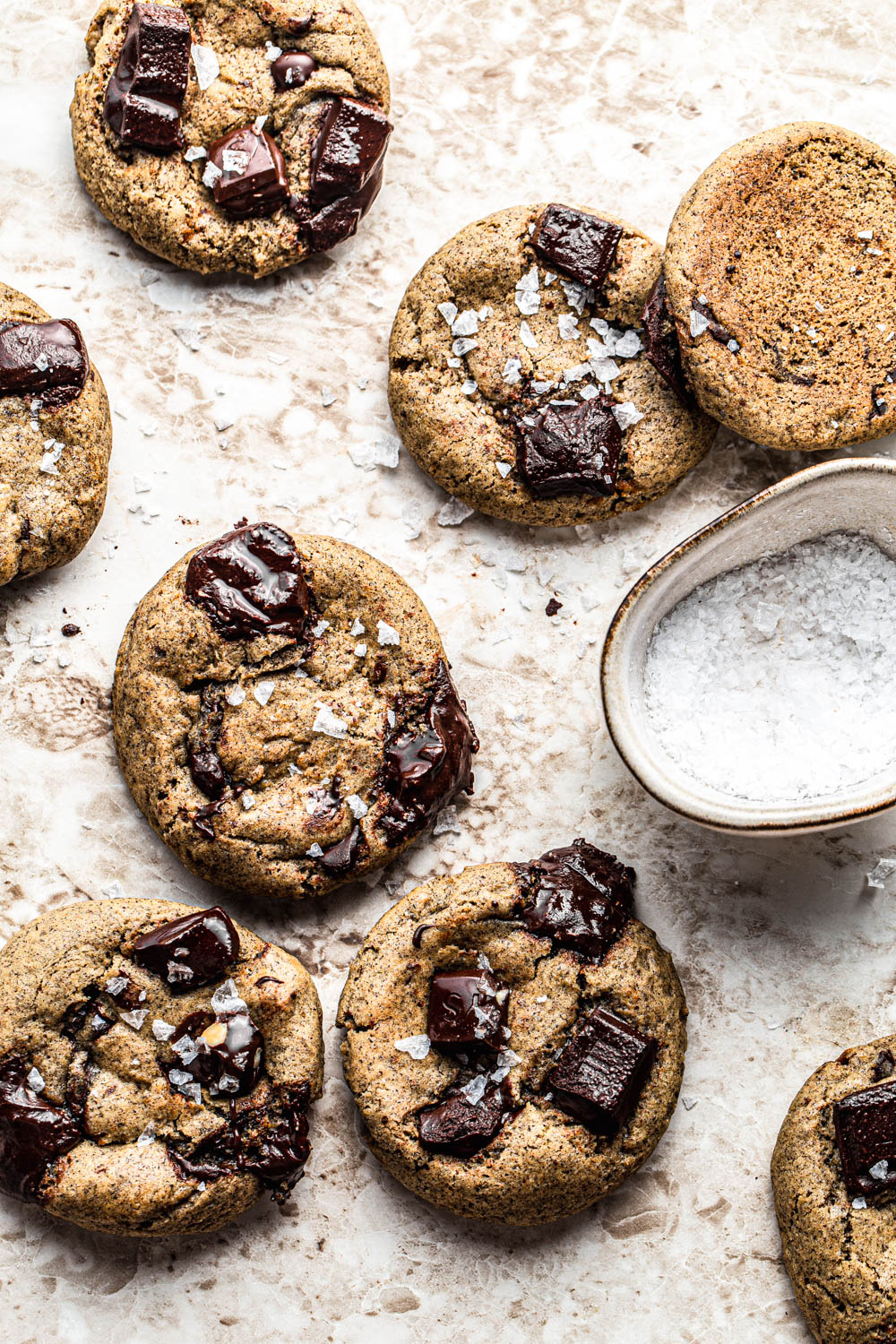 Buckwheat Chocolate Chip Cookies with Brown Butter with sea salt flakes photography