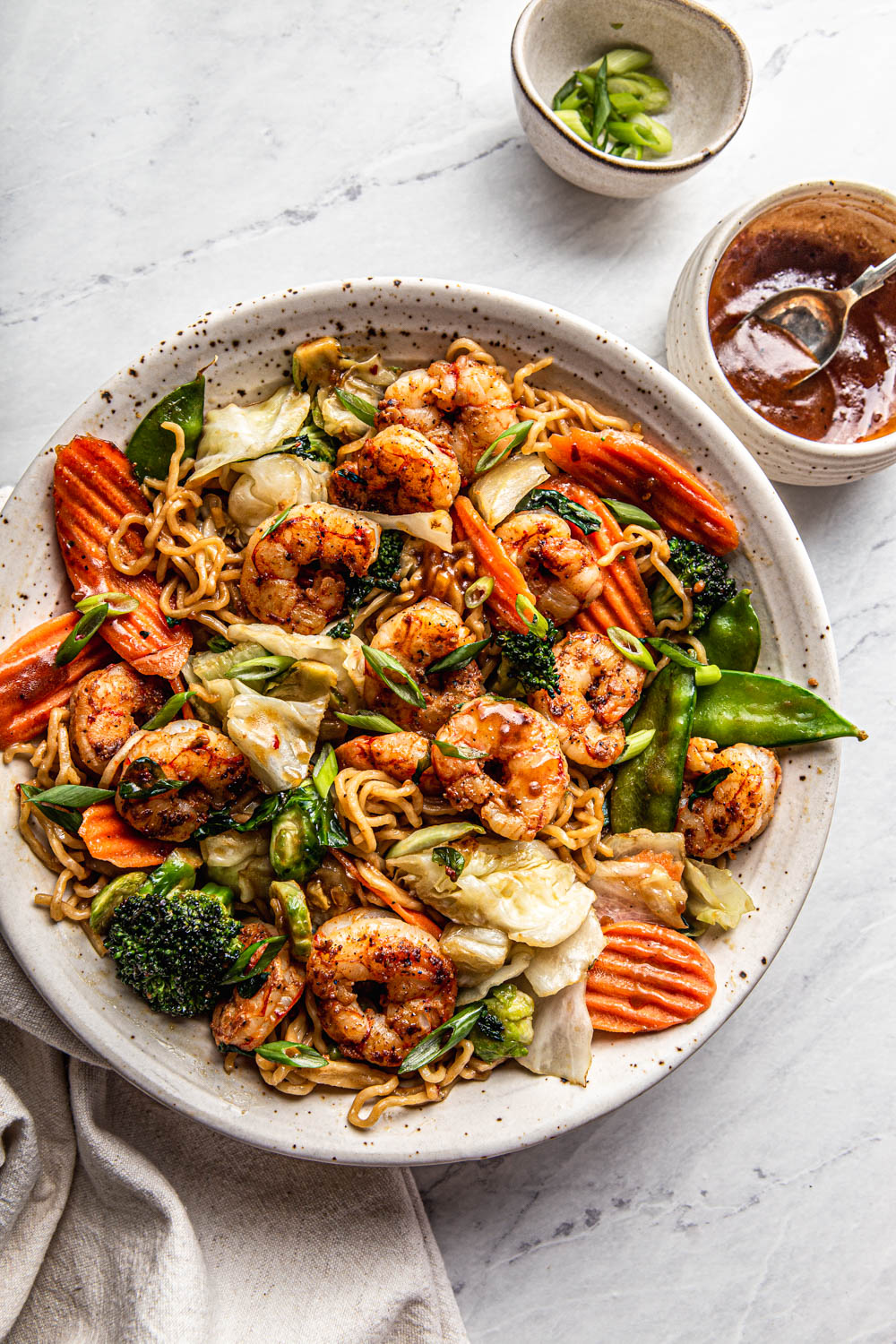 stir fry with shrimp noodles and vegetables