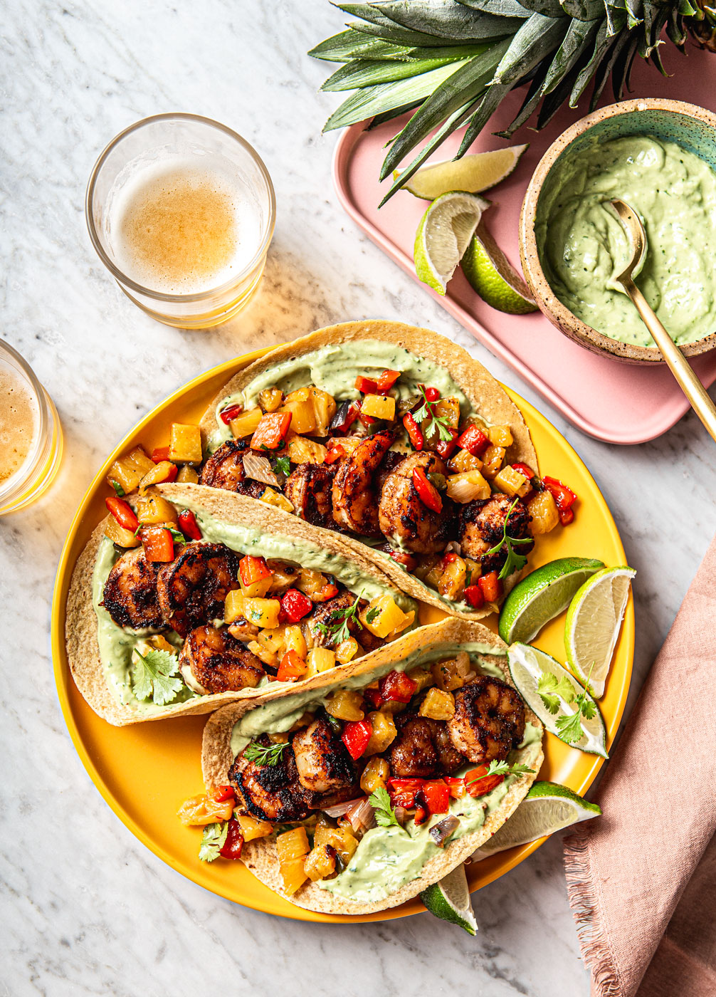 Spicy Grilled Shrimp Tacos with Pineapple Salsa on a yellow plate food photography food styling