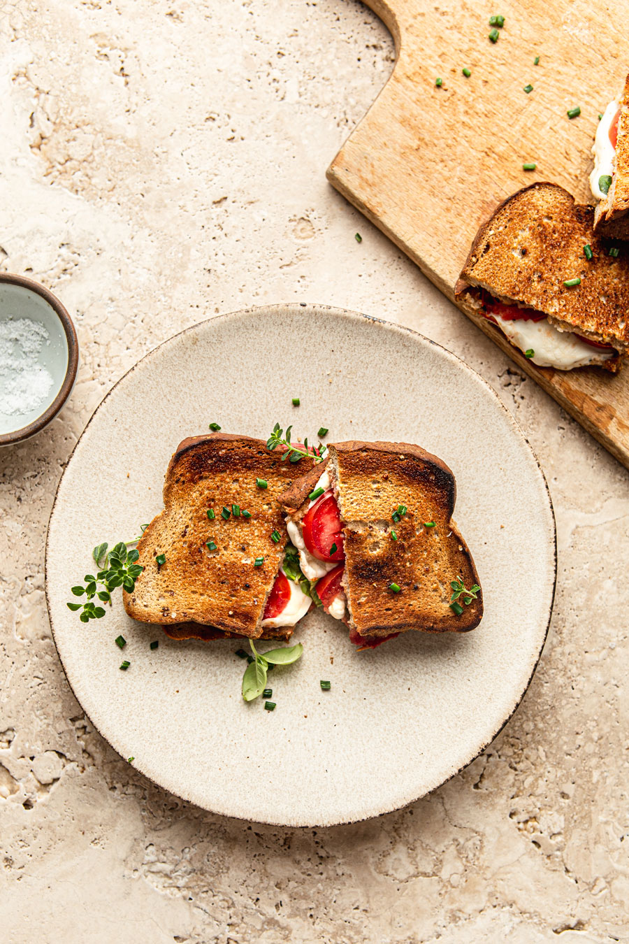 grilled cheese with tomatoes and basil food photography
