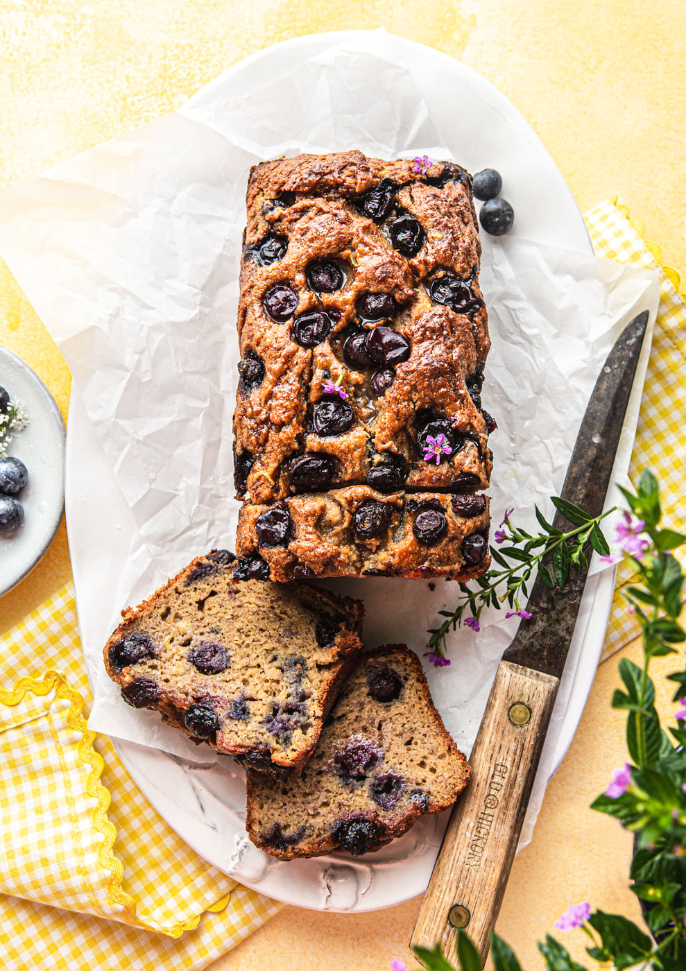 Lemon Blueberry Banana Bread with sliced pieces