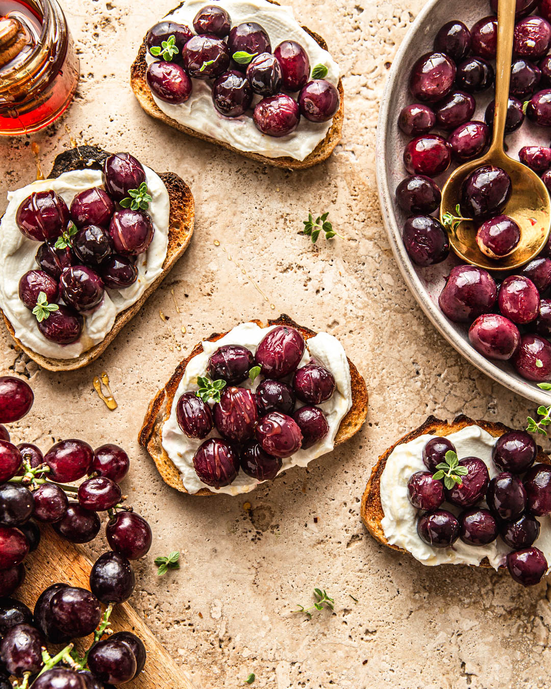 Roasted Grapes and Goat Cheese Crostini  photography food styling
