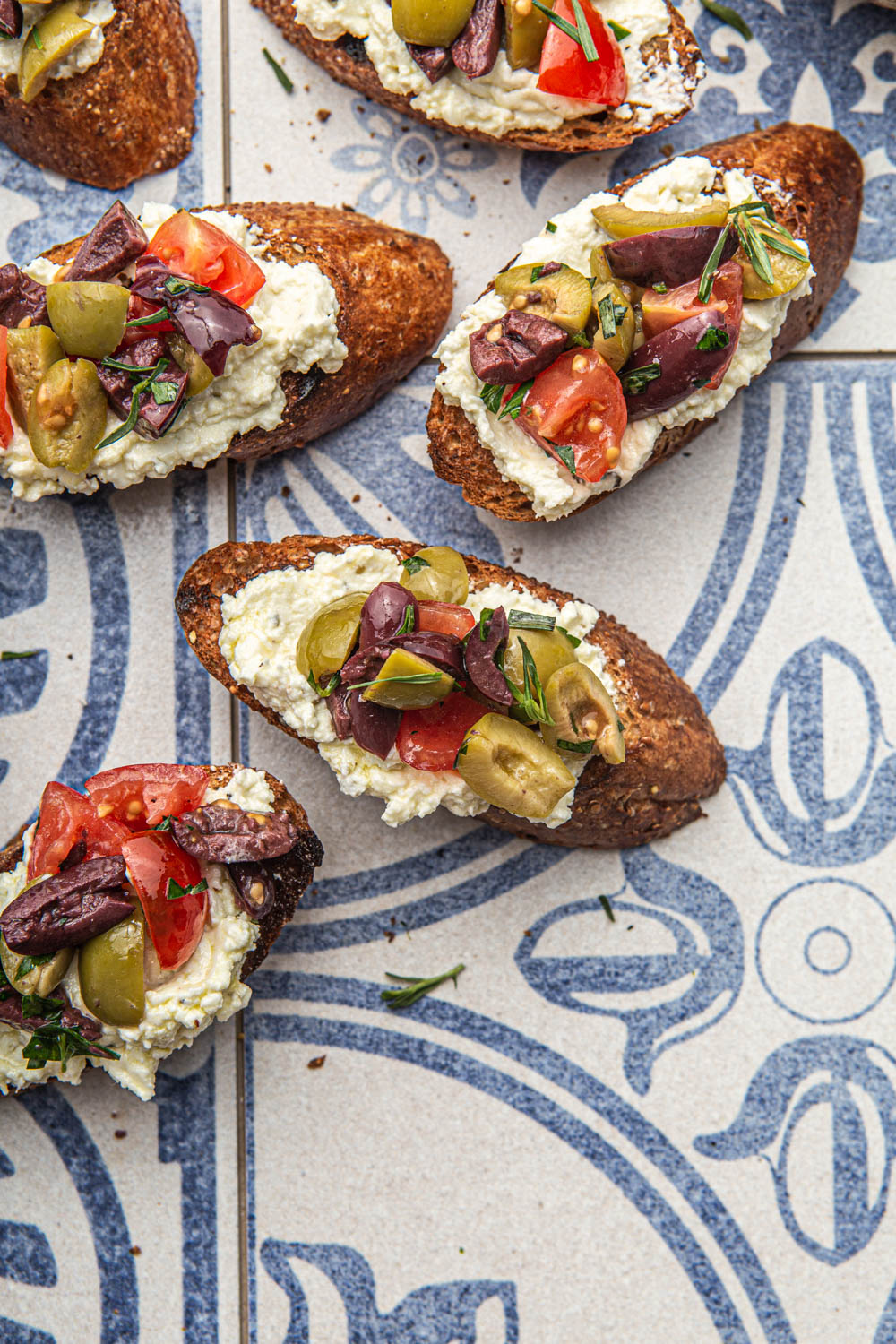 bruschetta with feta and olives photography