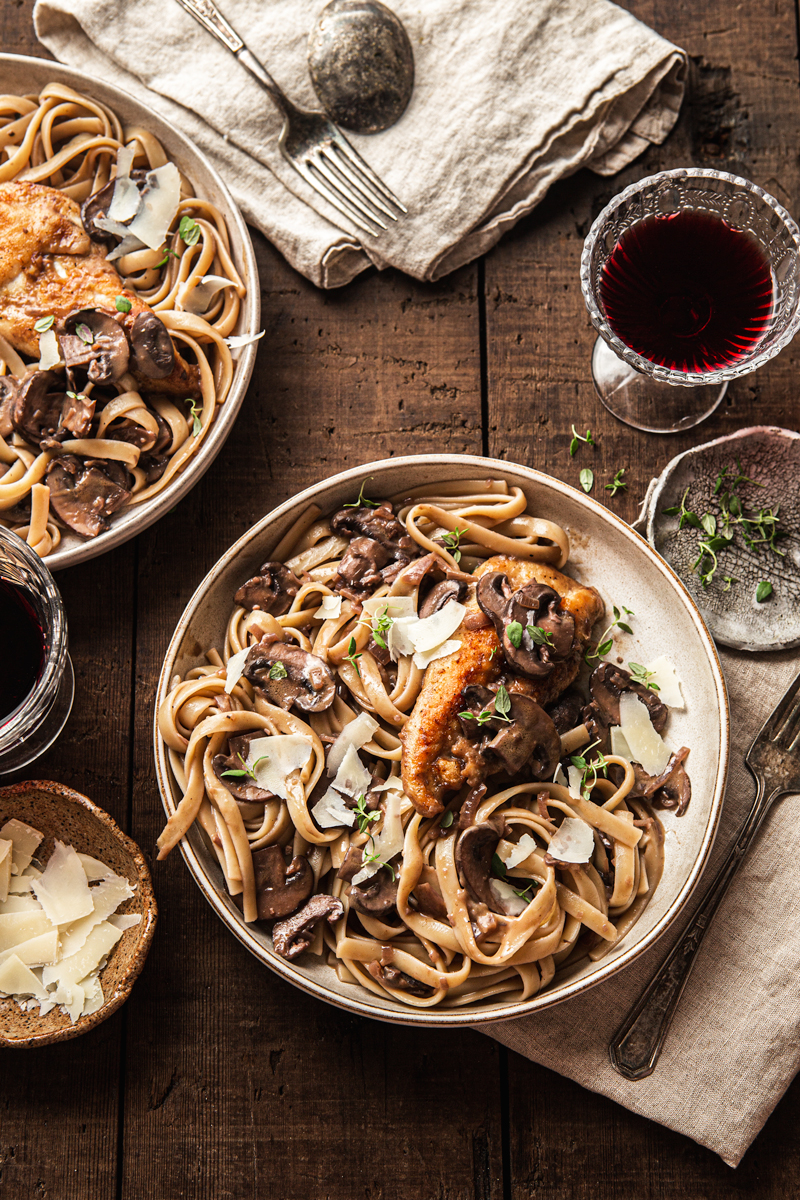 pasta with marsala sauce mushrooms and chicken food styling