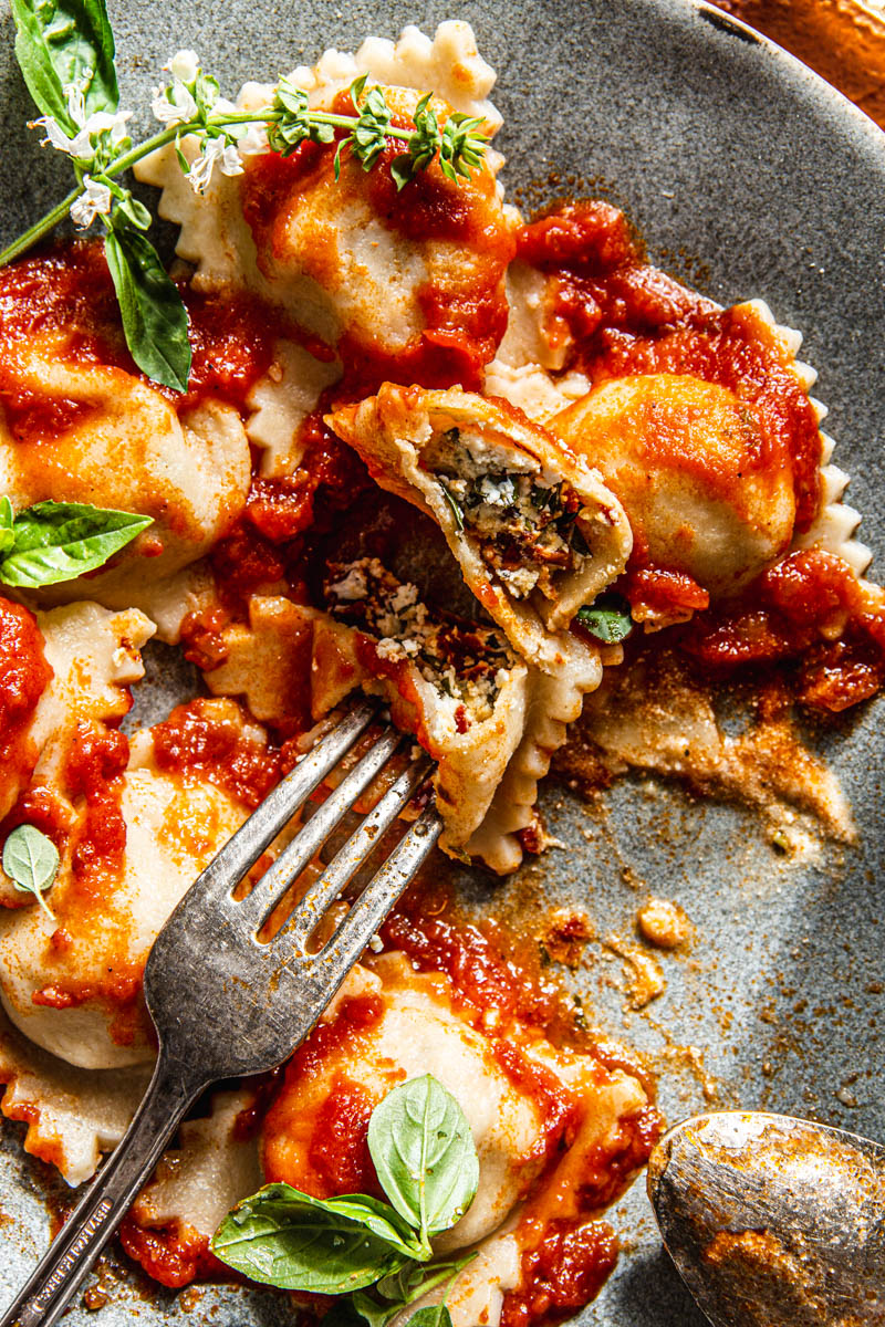 Goat Cheese and Sun Dried Tomato Ravioli with Tomato Sauce