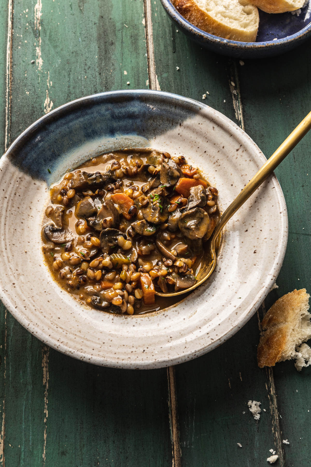 cozy mushroom and barley soup on a green wood backdrop