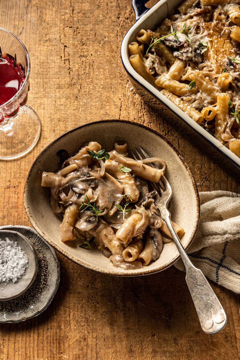 creamy pasta with onions and mushrooms food styling
