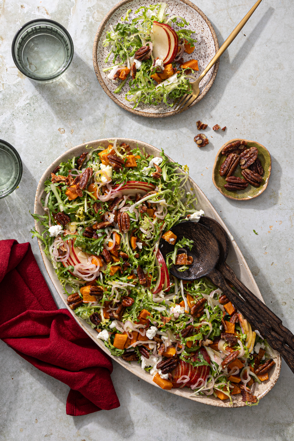 Fall Harvest Salad with Frisee, Butternut Squash, Bacon and Candined Pecans